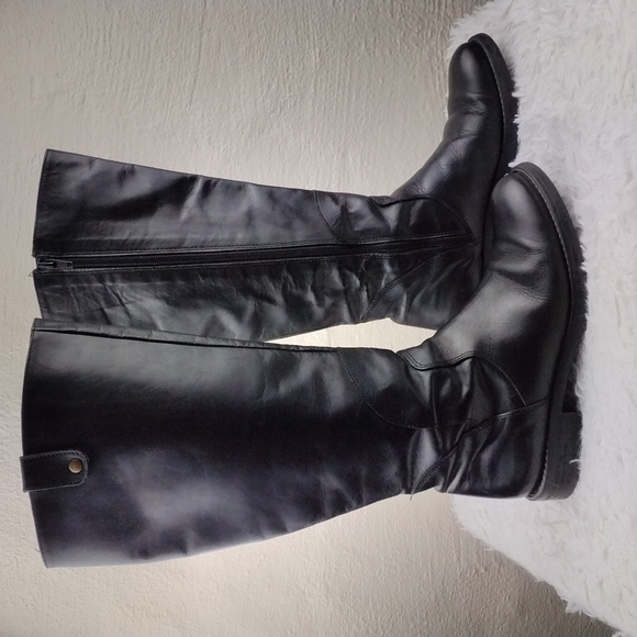 Pie Libre Italian Black Leather Almond Toe Side Zipper Low Heel Casual Tall Boot - Picture 3 of 13